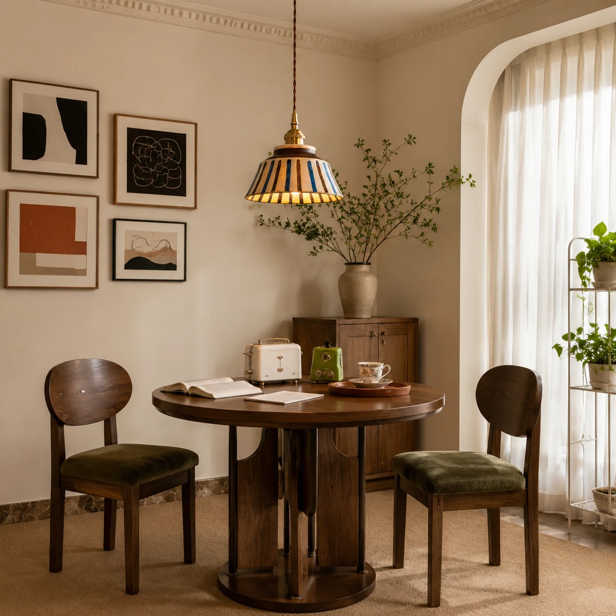 Striped ceramic pendant lamp installed above a warm breakfast table