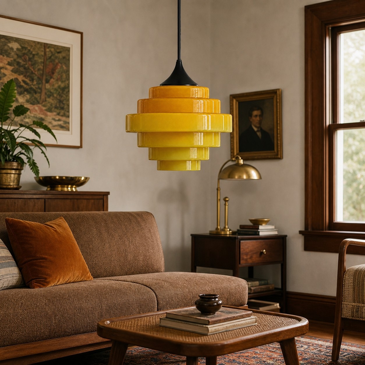 Lámpara colgante de cristal amarillo Sanenos en una acogedora sala de estar.