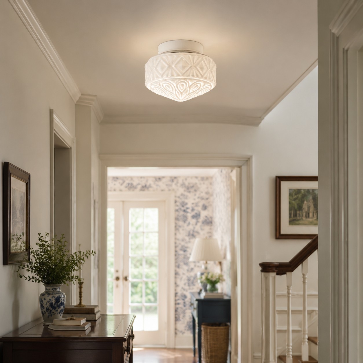 Embossed glass flush mount ceiling light in a bright hallway