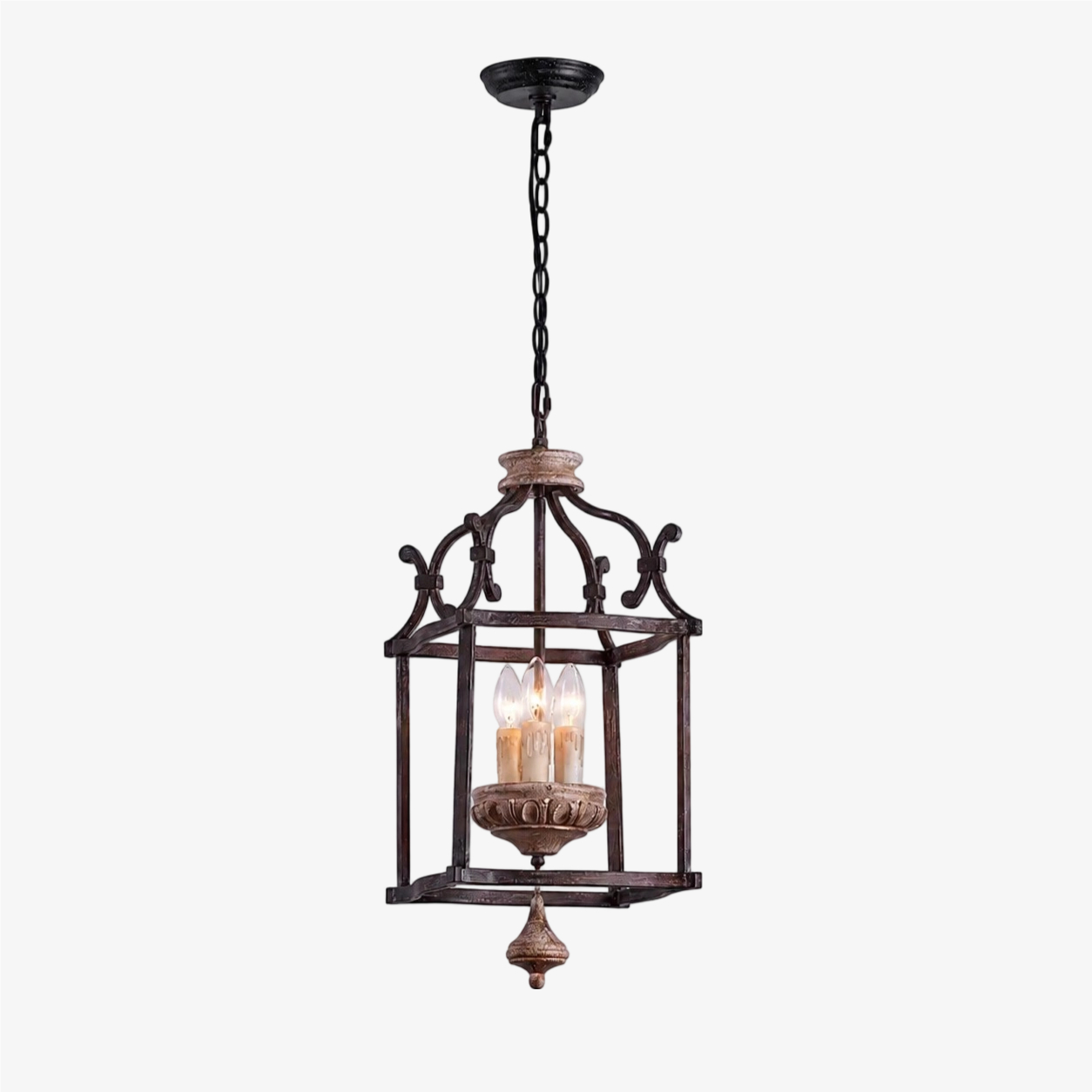 Rustic birdcage pendant lamp with iron frame and wood accent