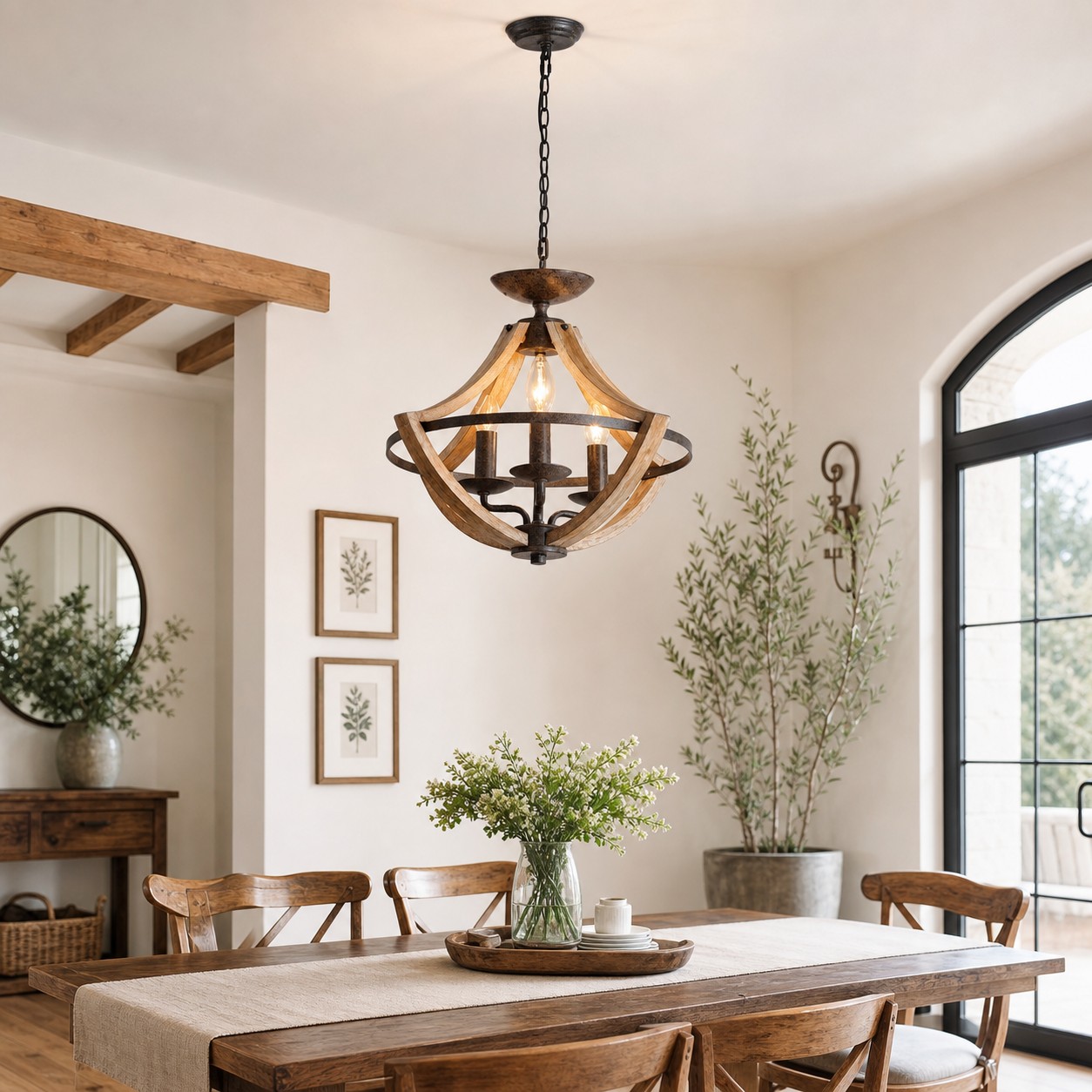 Rustic 3-light pendant chandelier in a farmhouse interior