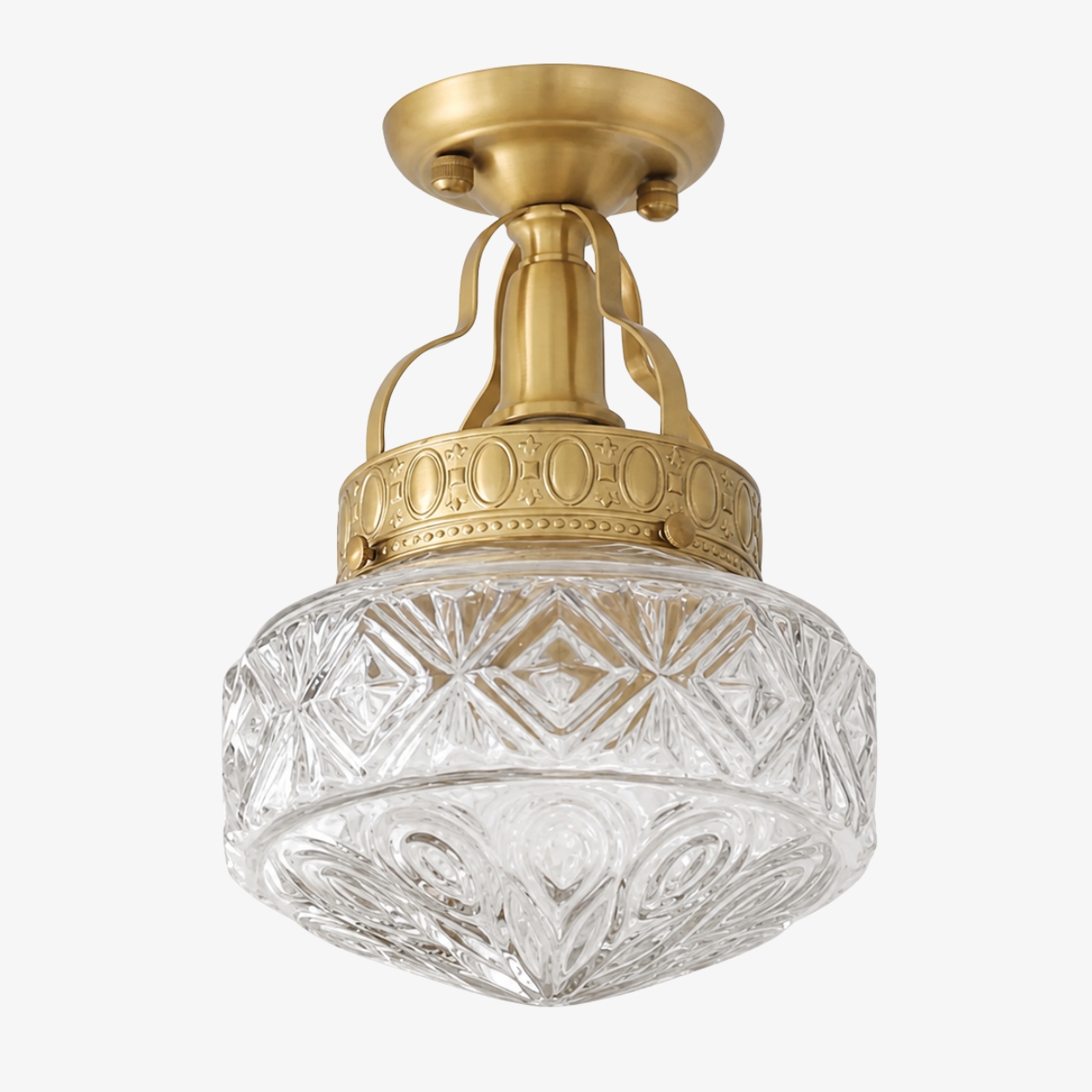 Clear pressed glass Art Deco ceiling light with brass finish
