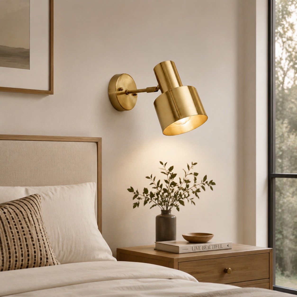 Adjustable brass wall sconce above a wood nightstand