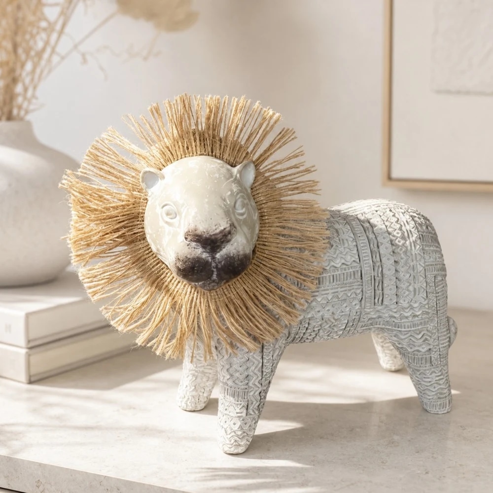 White resin lion ornament used as tabletop decor