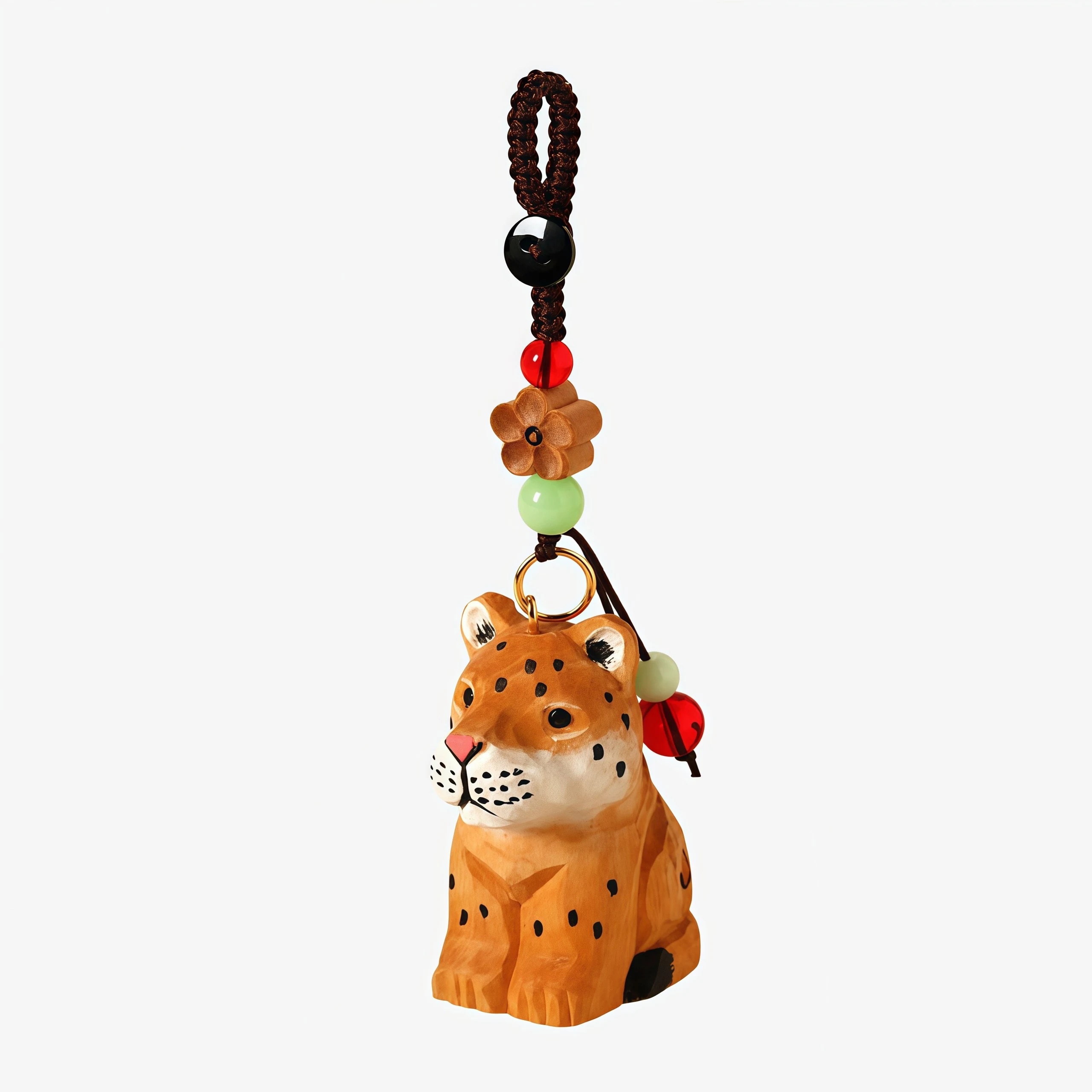 Hand carved wooden leopard hanging ornament natural wood