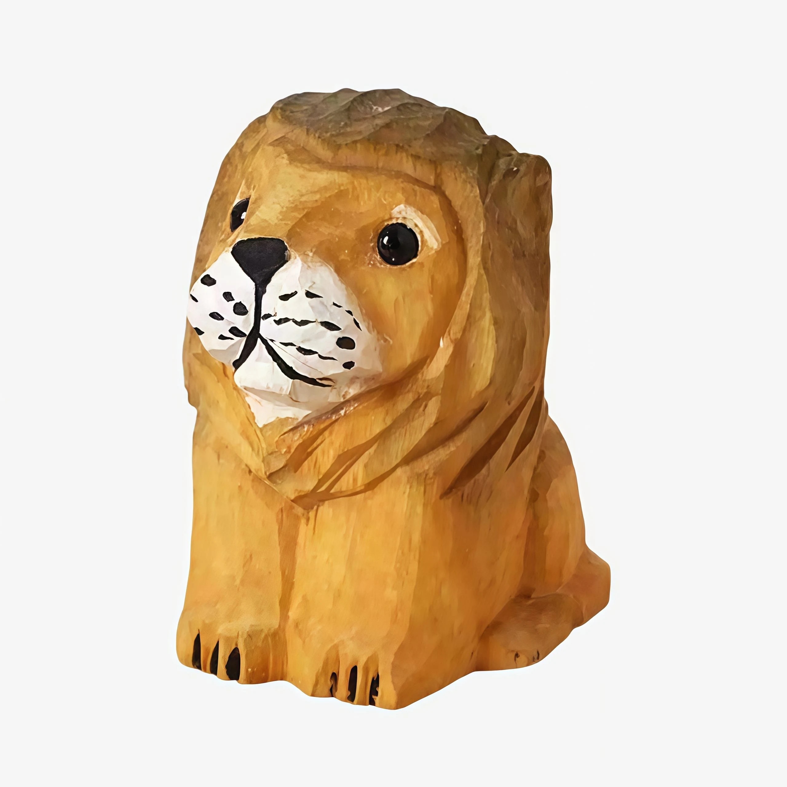 Hand carved wooden lion figurine natural wood