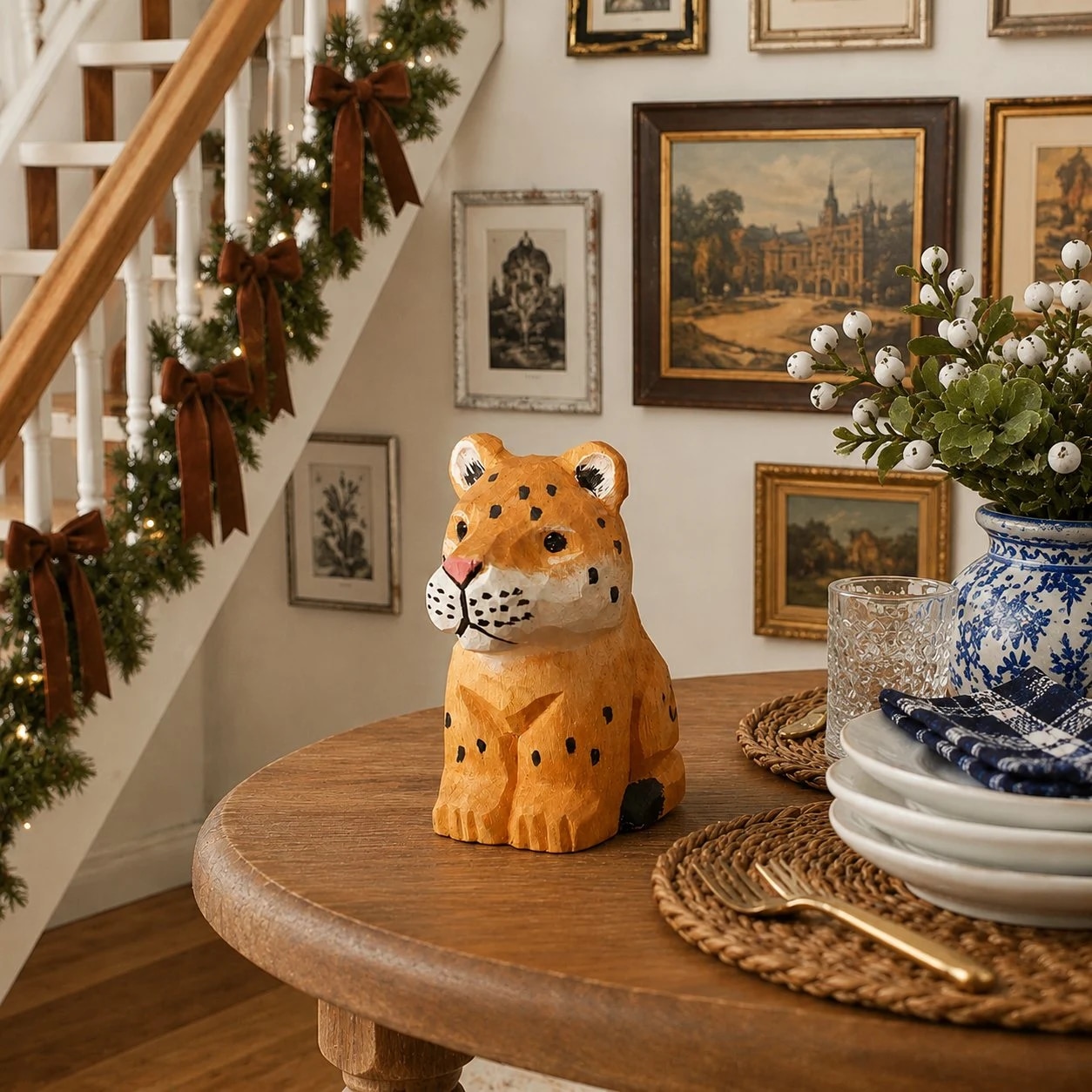 Wooden leopard figurine styled on a table