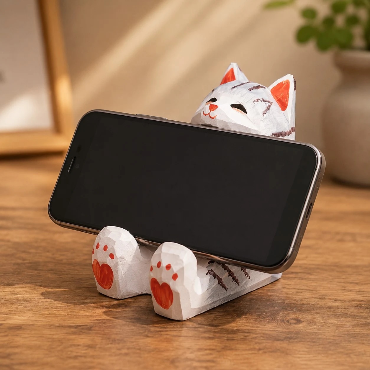 Wooden animal phone stand scene view