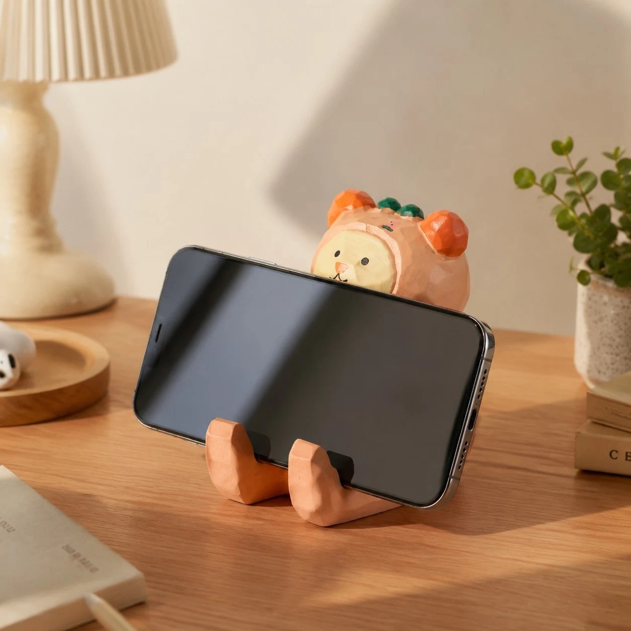 Wooden animal phone stand scene view