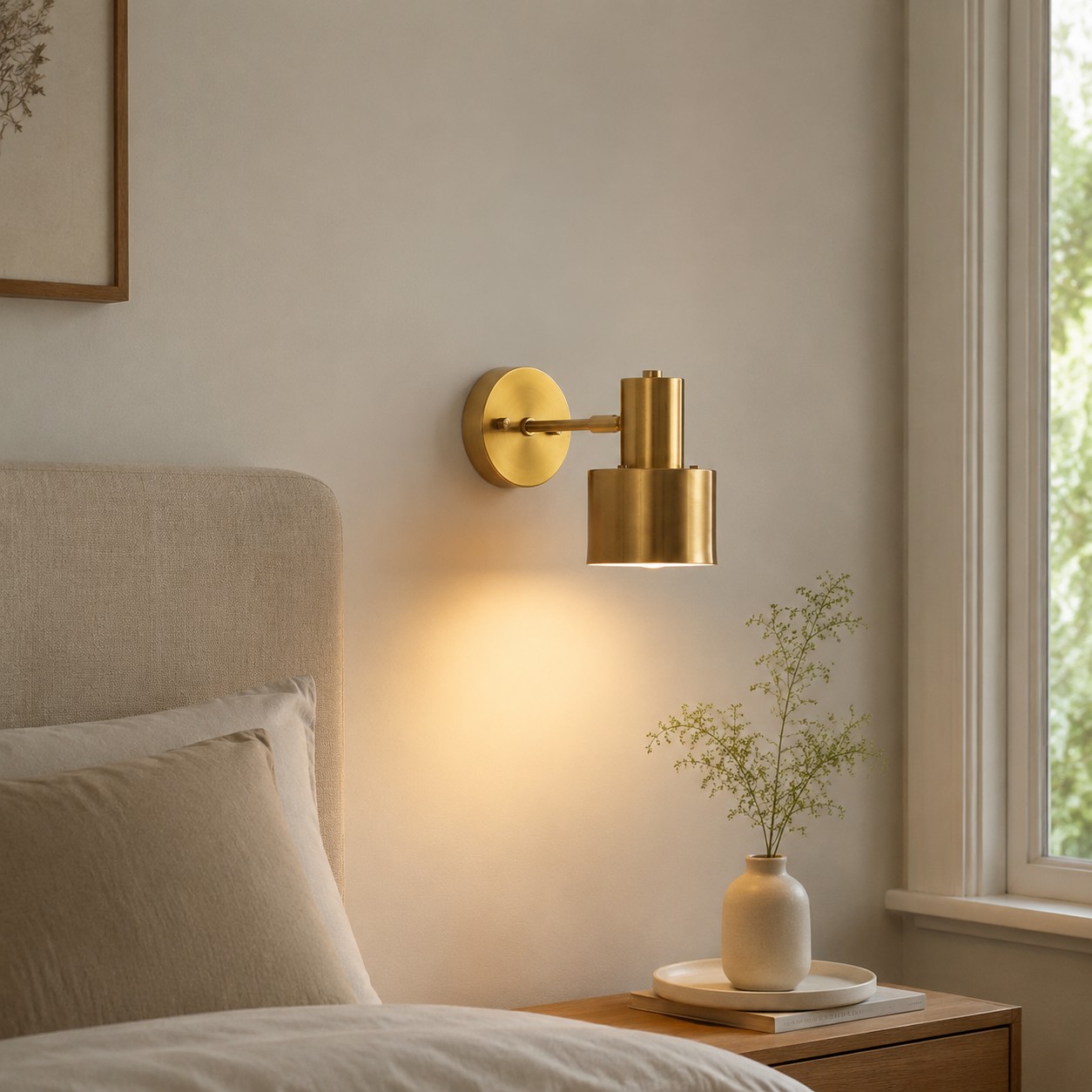 Brass wall sconce casting warm light in a bedroom