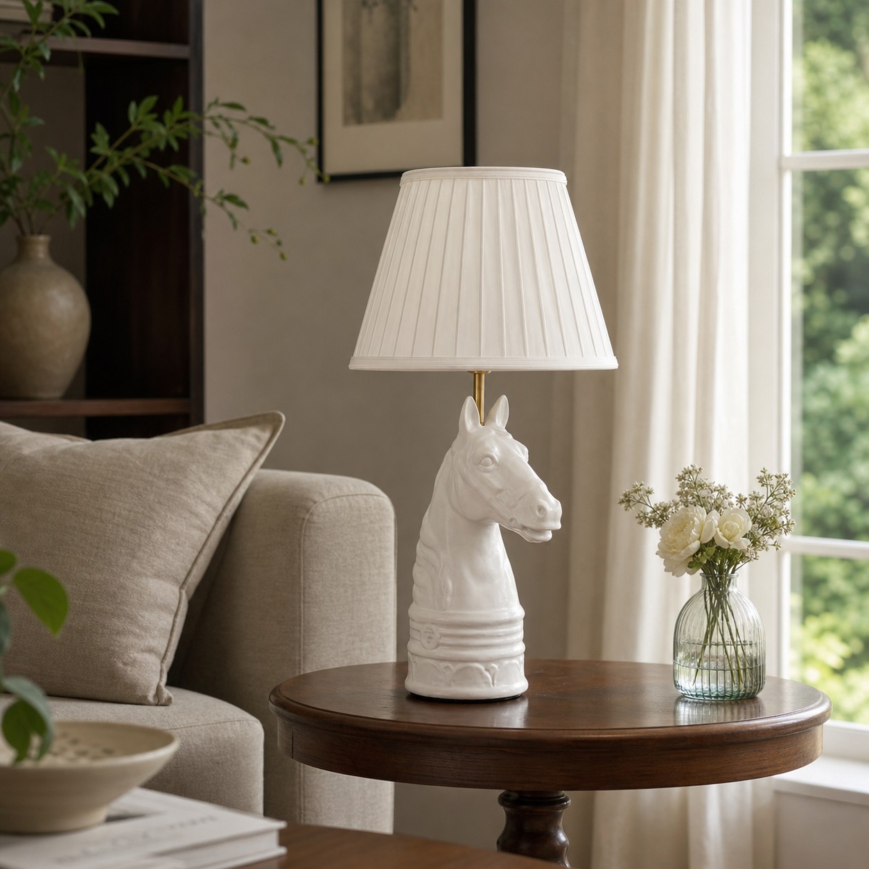 White pleated horse head table lamp in living room