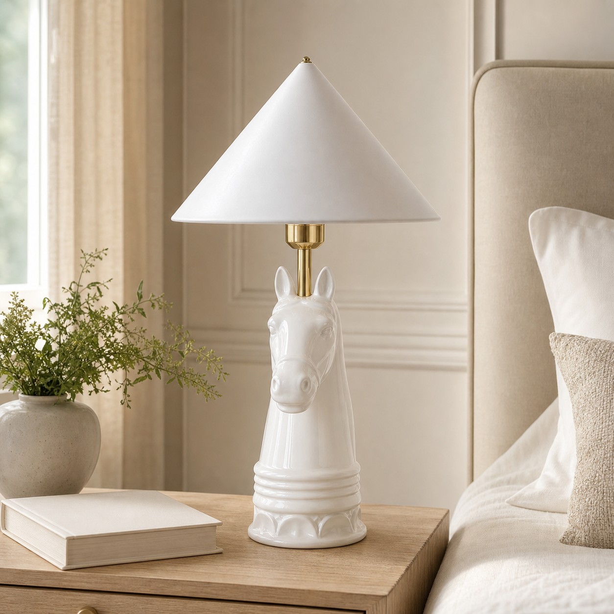 White cone horse head table lamp beside bed