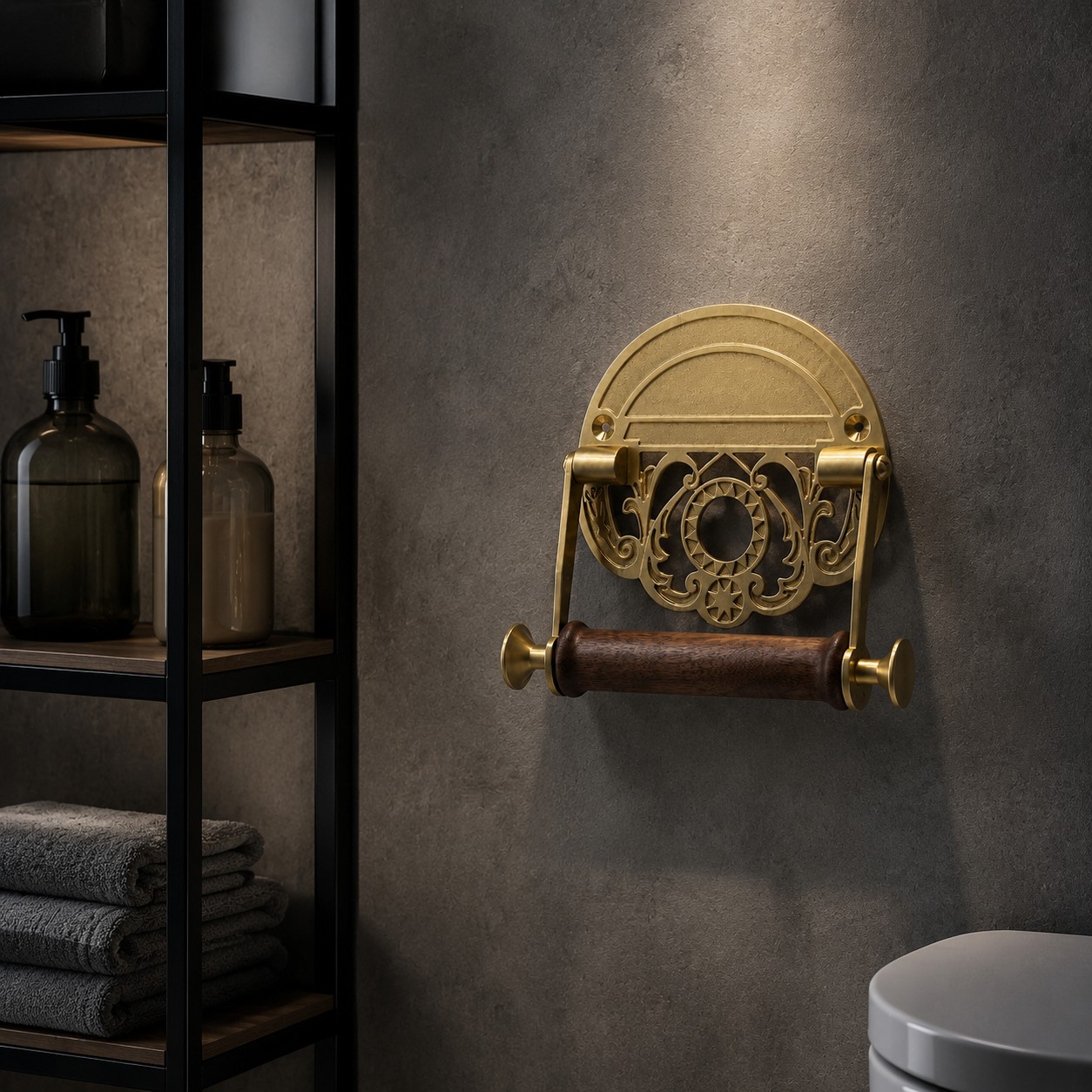 Antique brass toilet paper holder on a dark bathroom wall