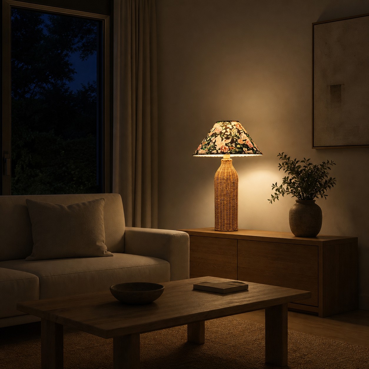 Rattan table lamp casting warm evening light