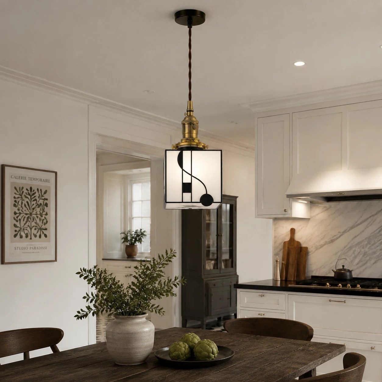 Single cube pendant in a bright kitchen