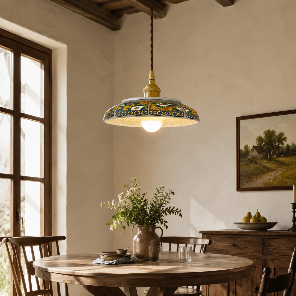 Ceramic pendant lamp installed above a rustic dining table in a warm room