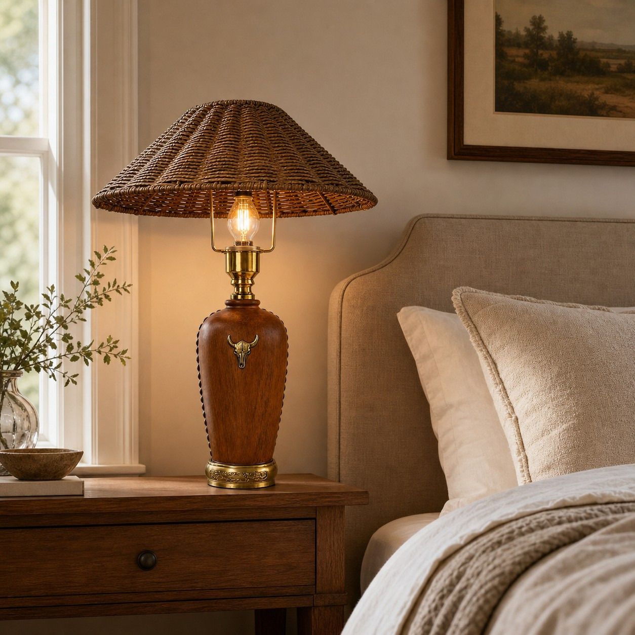 Camel brown shade wood table lamp beside a bed