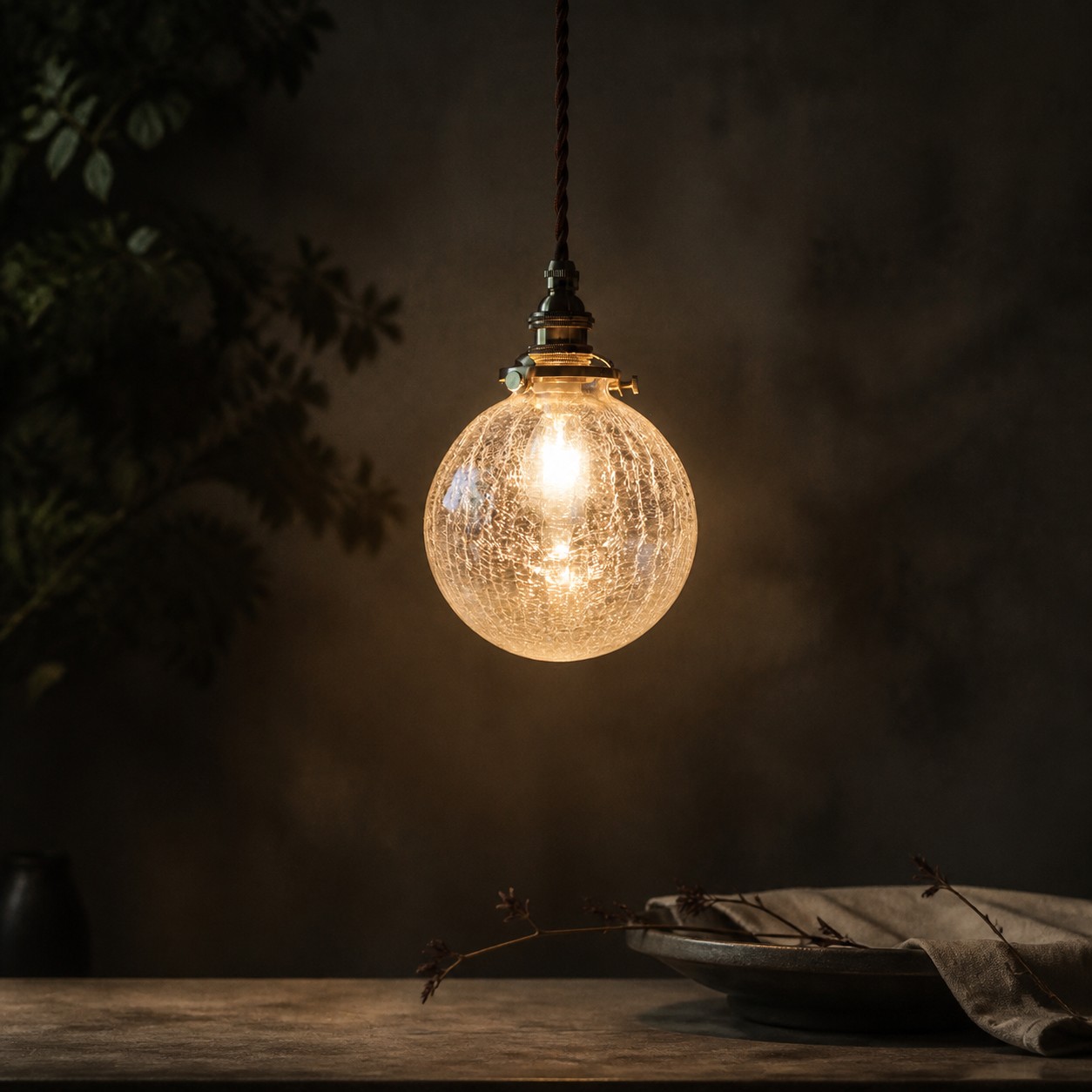 Crackled Glass Globe Brass Pendant Light