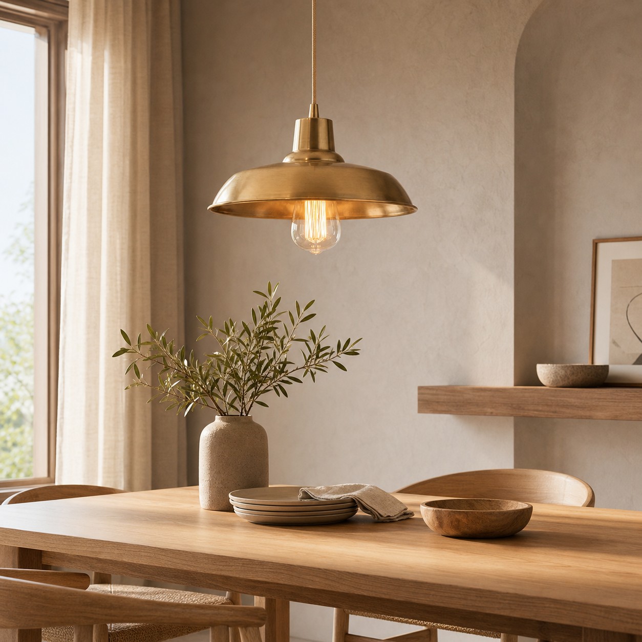 Brass pendant light above a dining table