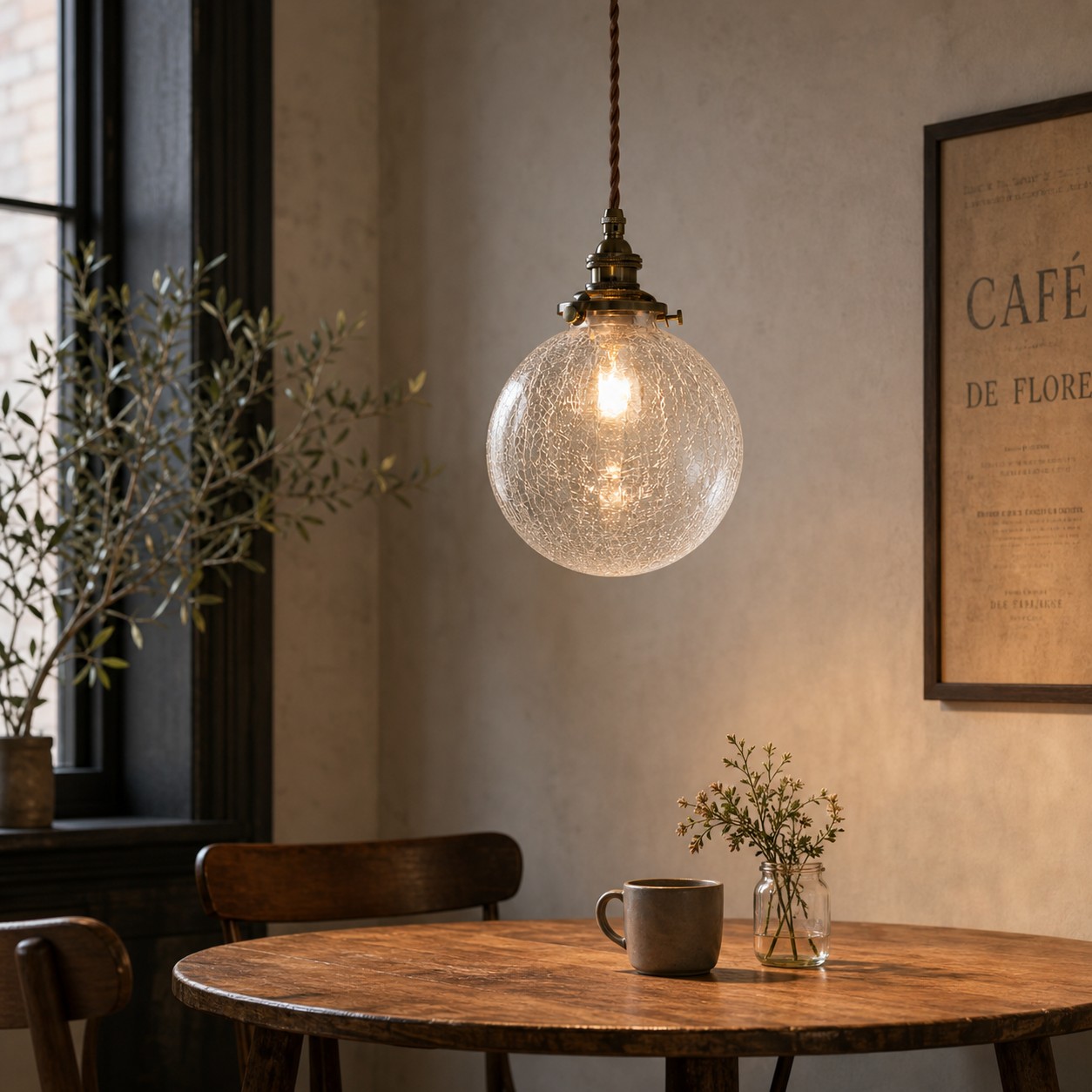 Crackled Glass Globe Brass Pendant Light