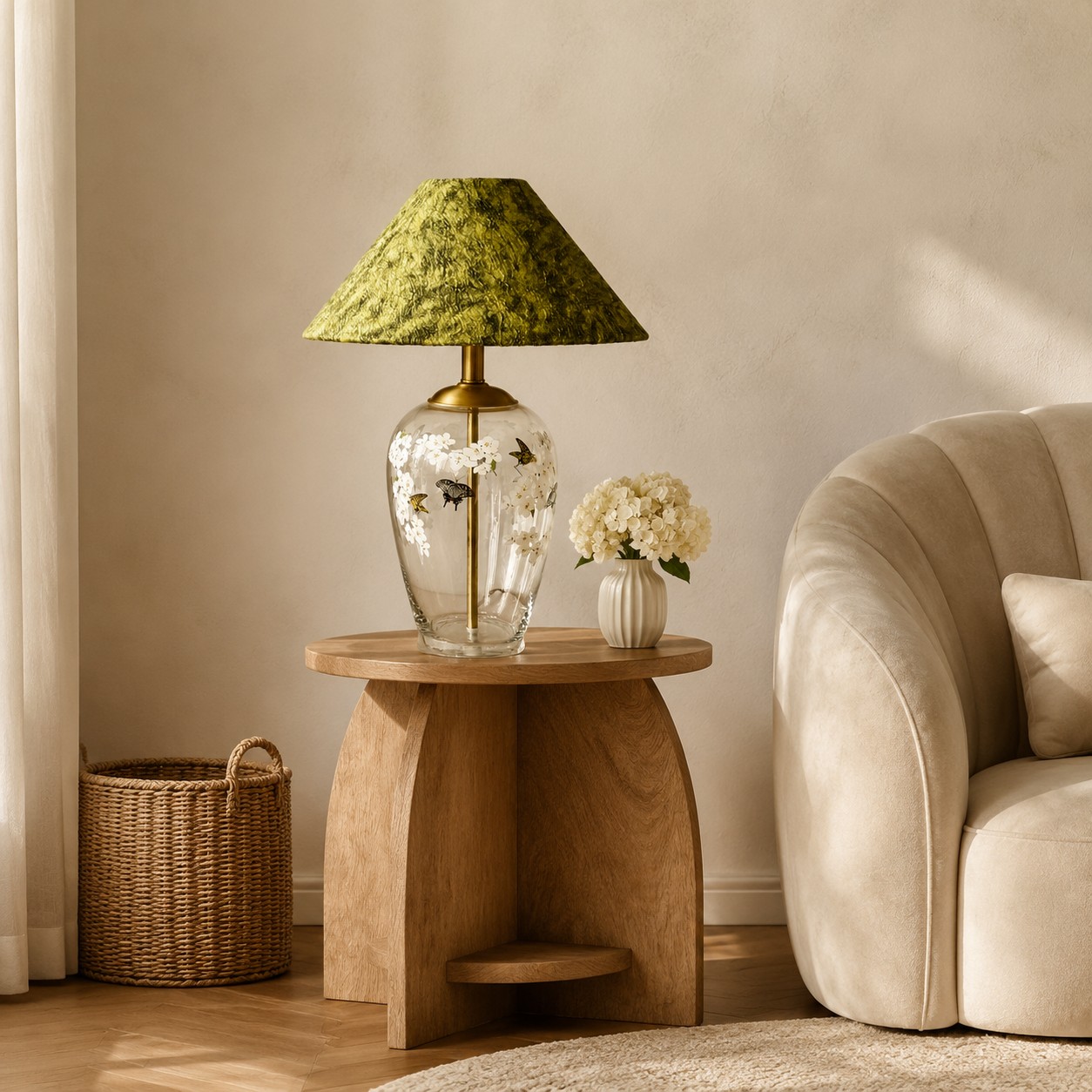 Floral glass table lamp beside a sofa in a living room