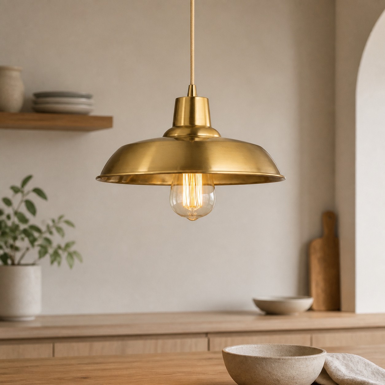 Brass pendant light near kitchen shelving