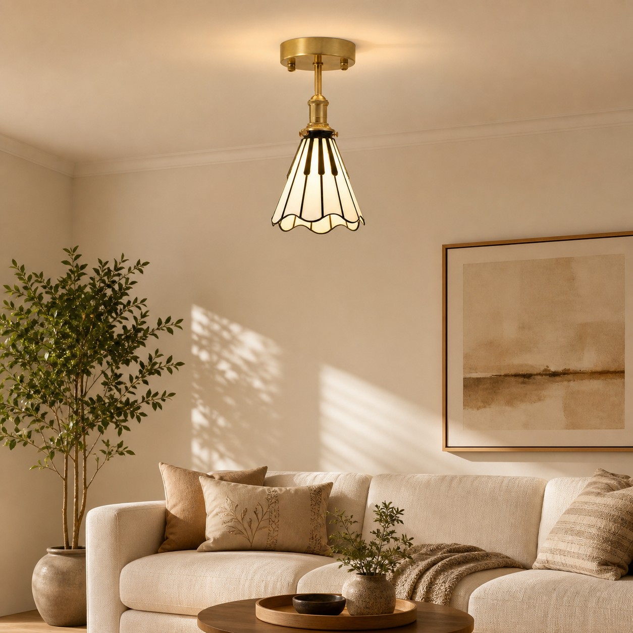 Piano key flush mount ceiling light in a warm living room