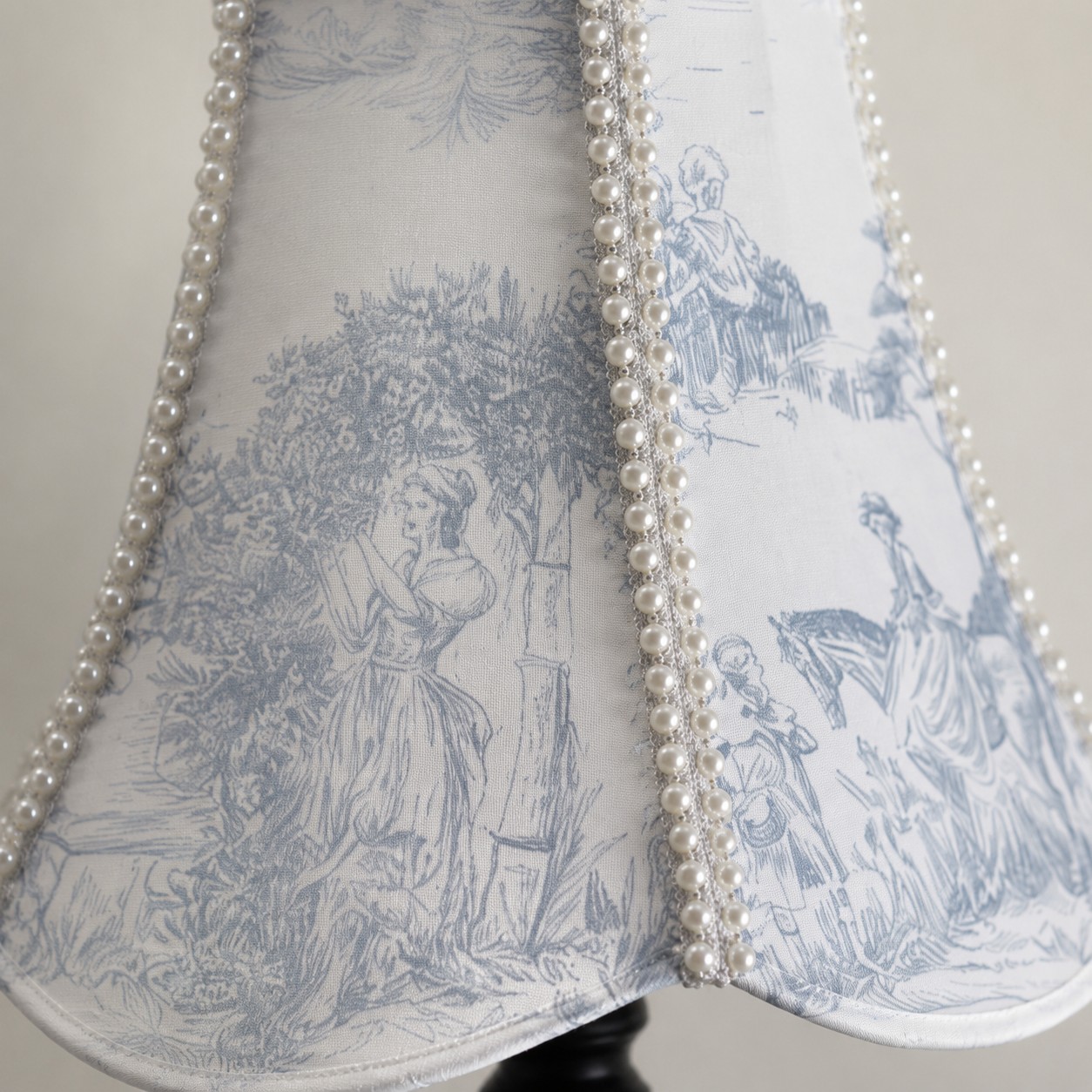 Printed fabric shade with pearl trim detail