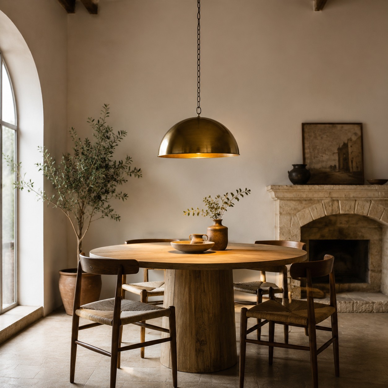 Brass dome pendant light above a round dining table