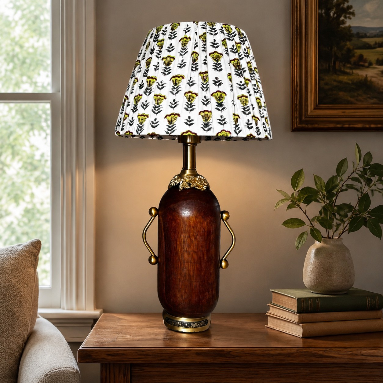Deep brown floral table lamp glowing beside framed wall art