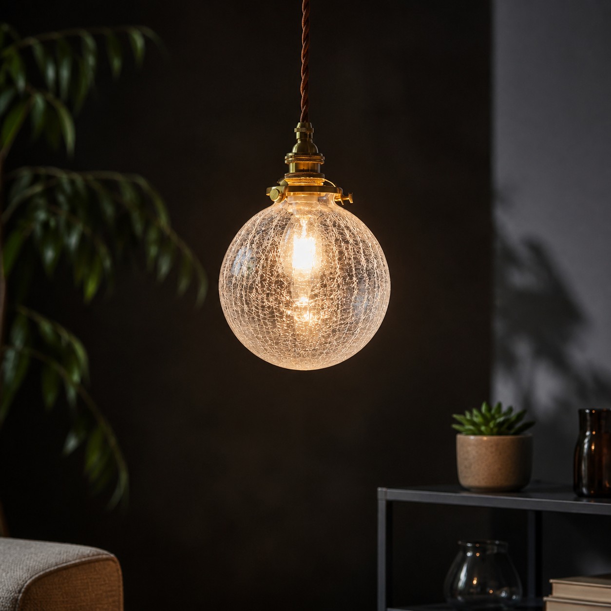 Crackled Glass Globe Brass Pendant Light