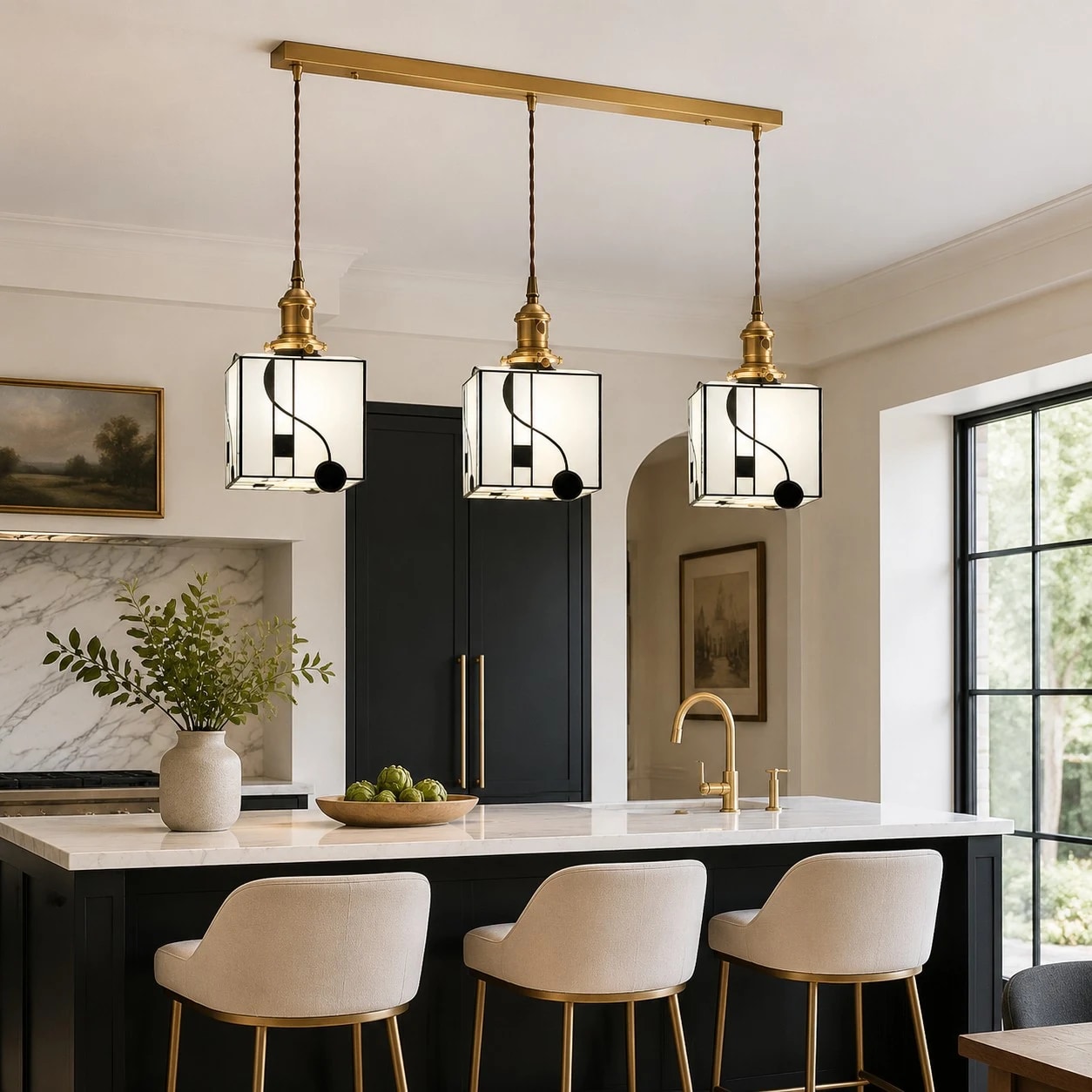 Triple cube pendants above a kitchen island