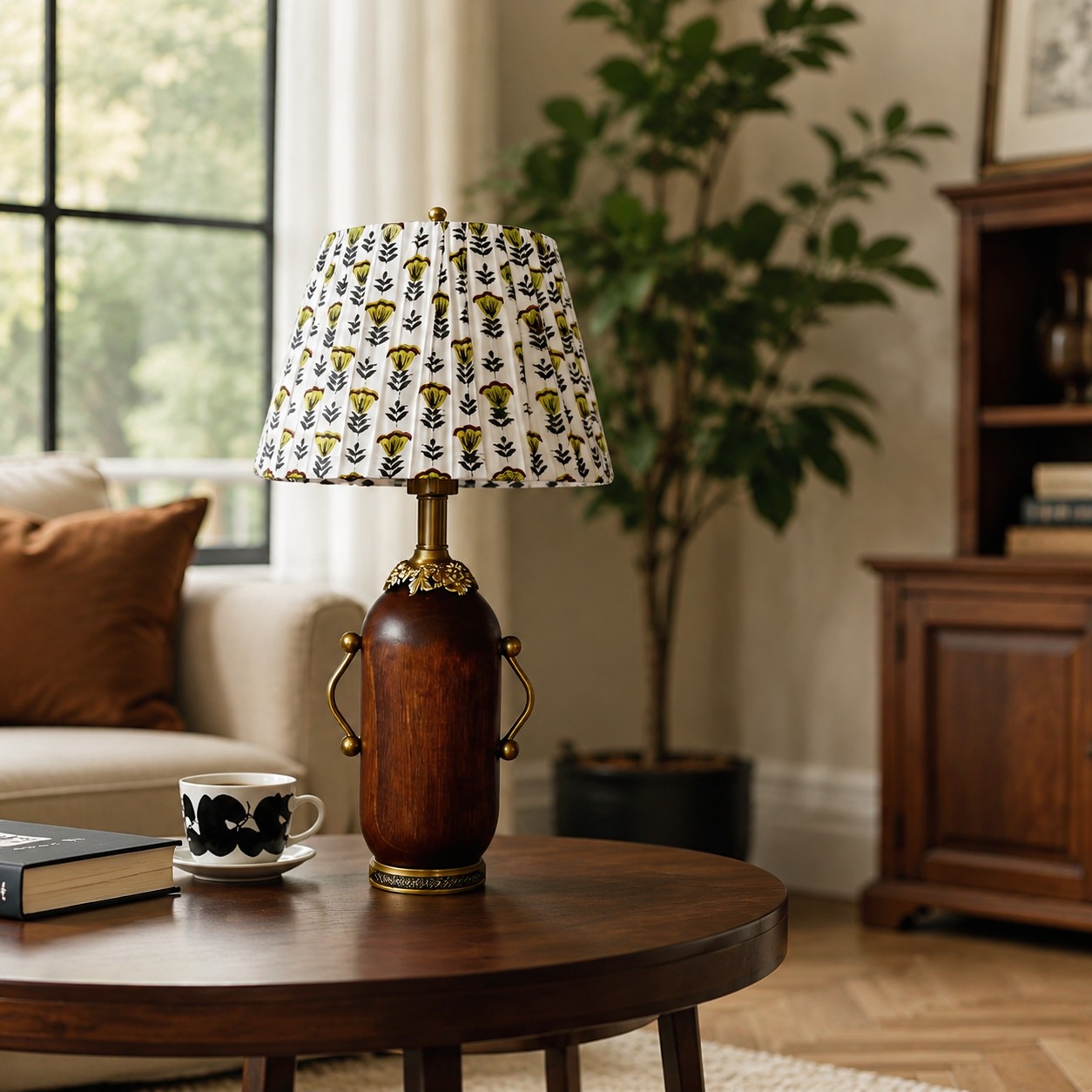 Deep brown floral table lamp styled beside a green armchair