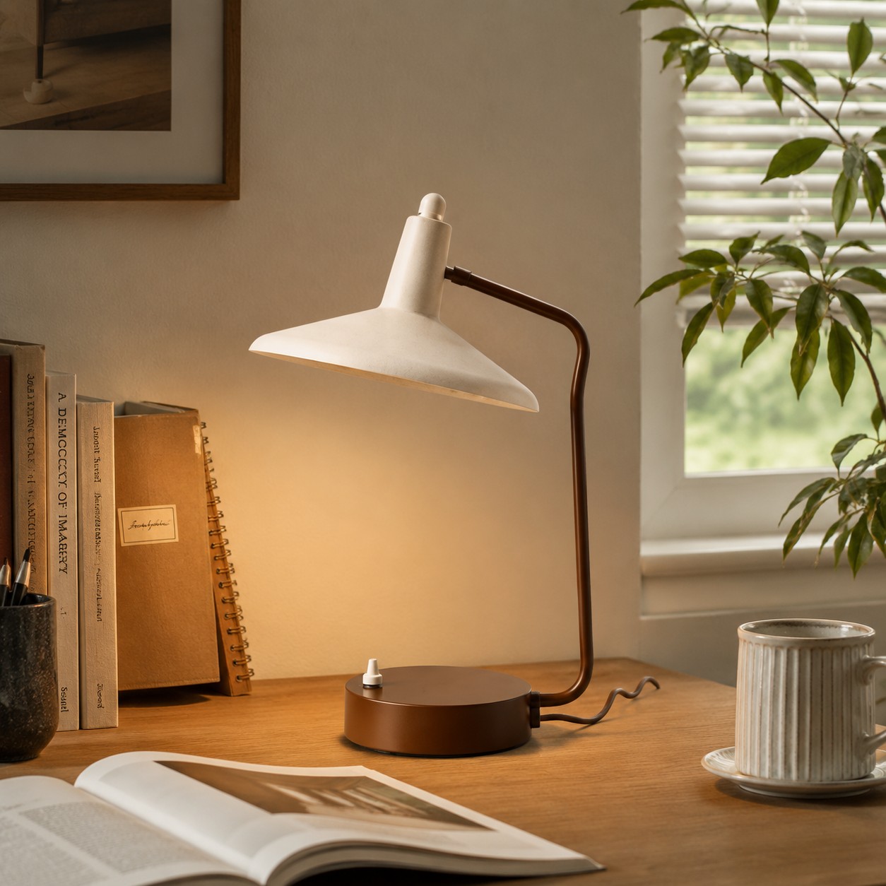 Wabi-sabi iron desk lamp glowing beside notebooks and a ceramic mug