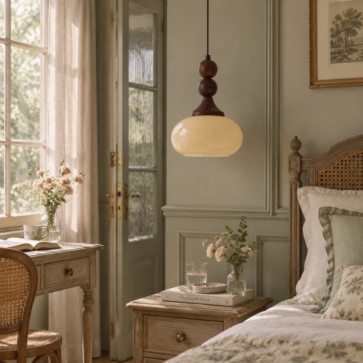 Cream glass pendant beside a bedroom bed